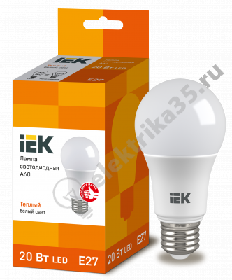 Лампа светодиодная LED 20вт 230в Е27 теплый IEK (LLE-A60-20-230-30-E27)