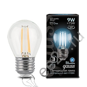 Лампа светодиодная Filament 9Вт шар 4100К E27 GAUSS 105802209