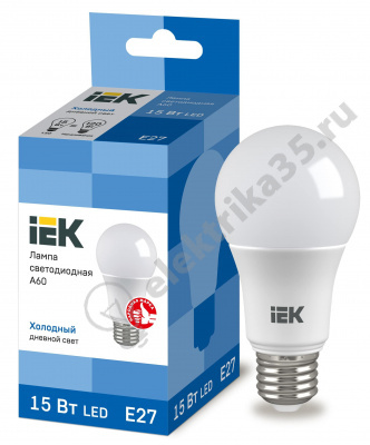 Лампа светодиодная LED 15вт 230в Е27 холодный IEK (LLE-A60-15-230-65-E27) 